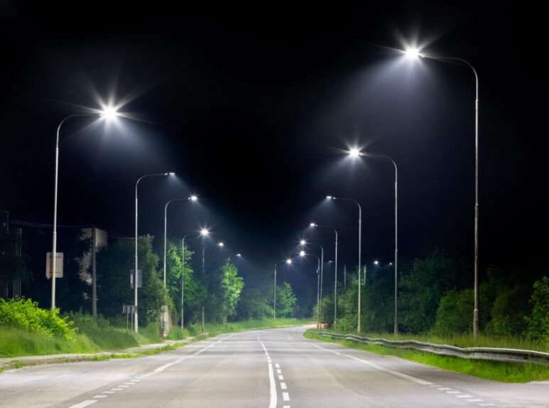 night street with modern led street lights in small city